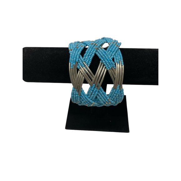 Turquoise Beaded & Silver-Tone Metal Open Cuff Bracelet Cris Beadwork Accessory - Picture 2 of 6